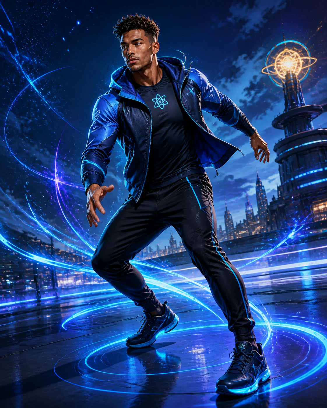 AtomicBod hero modeling the electric blue Force Jacket