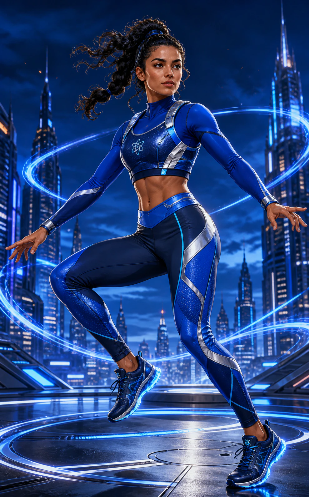 AtomicBod heroine modeling the cobalt blue Flight Kit