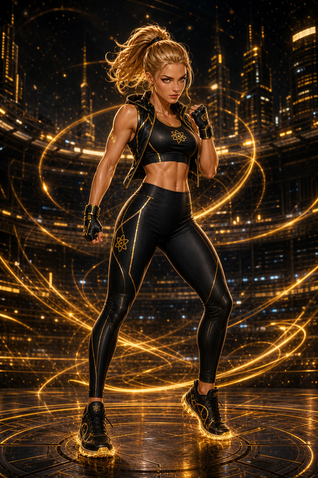 The blonde AtomicBod heroine from the bottom-right of the original poster modeling the black and gold Motion Kit