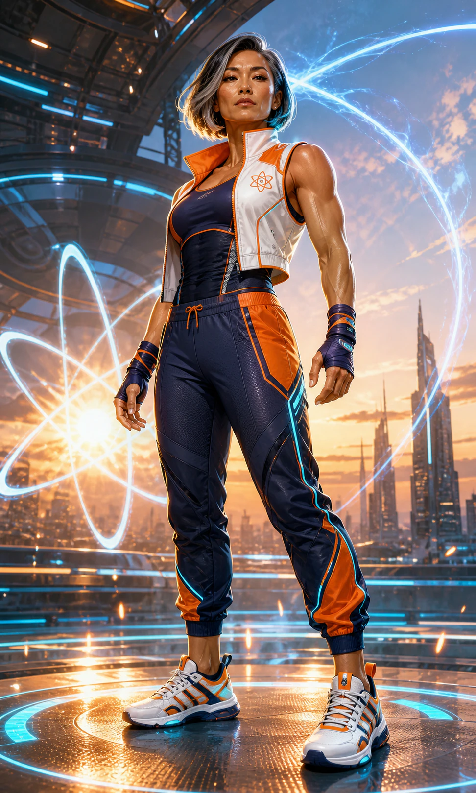A new AtomicBod strength heroine modeling the orange and navy Nova Kit