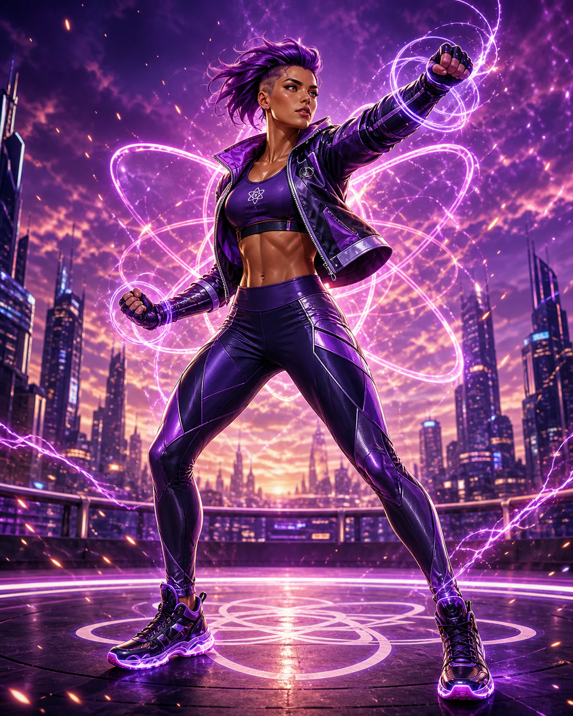 The purple-haired AtomicBod heroine modeling the ultraviolet Pulse Set