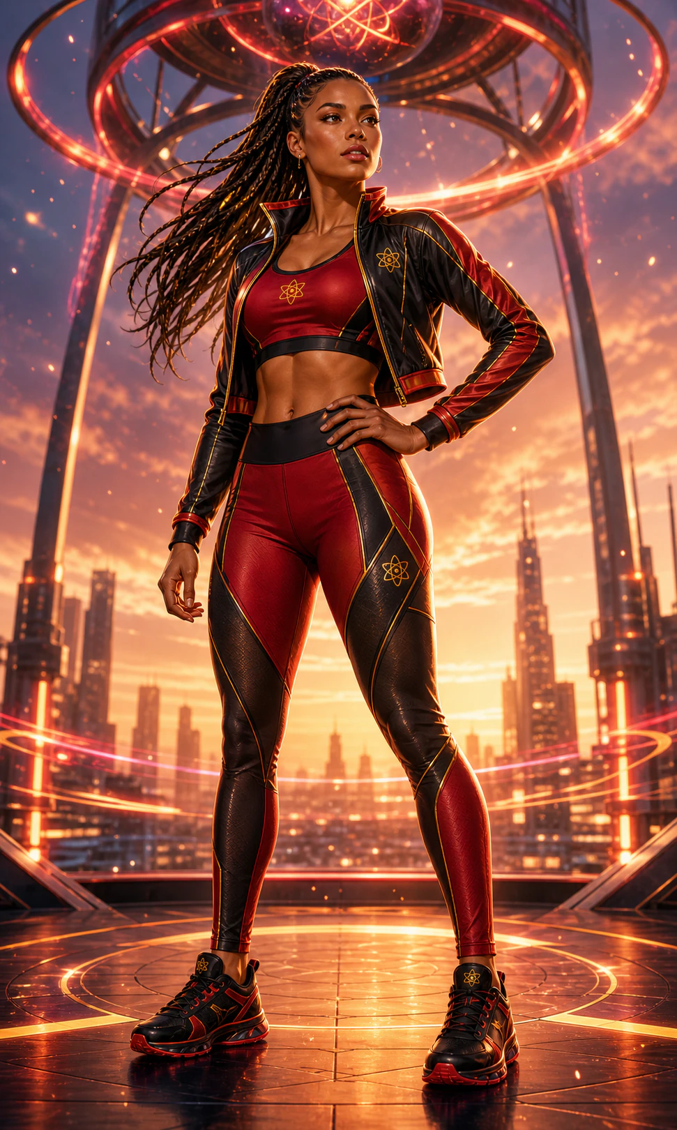 AtomicBod heroine modeling the crimson and gold Hero Set