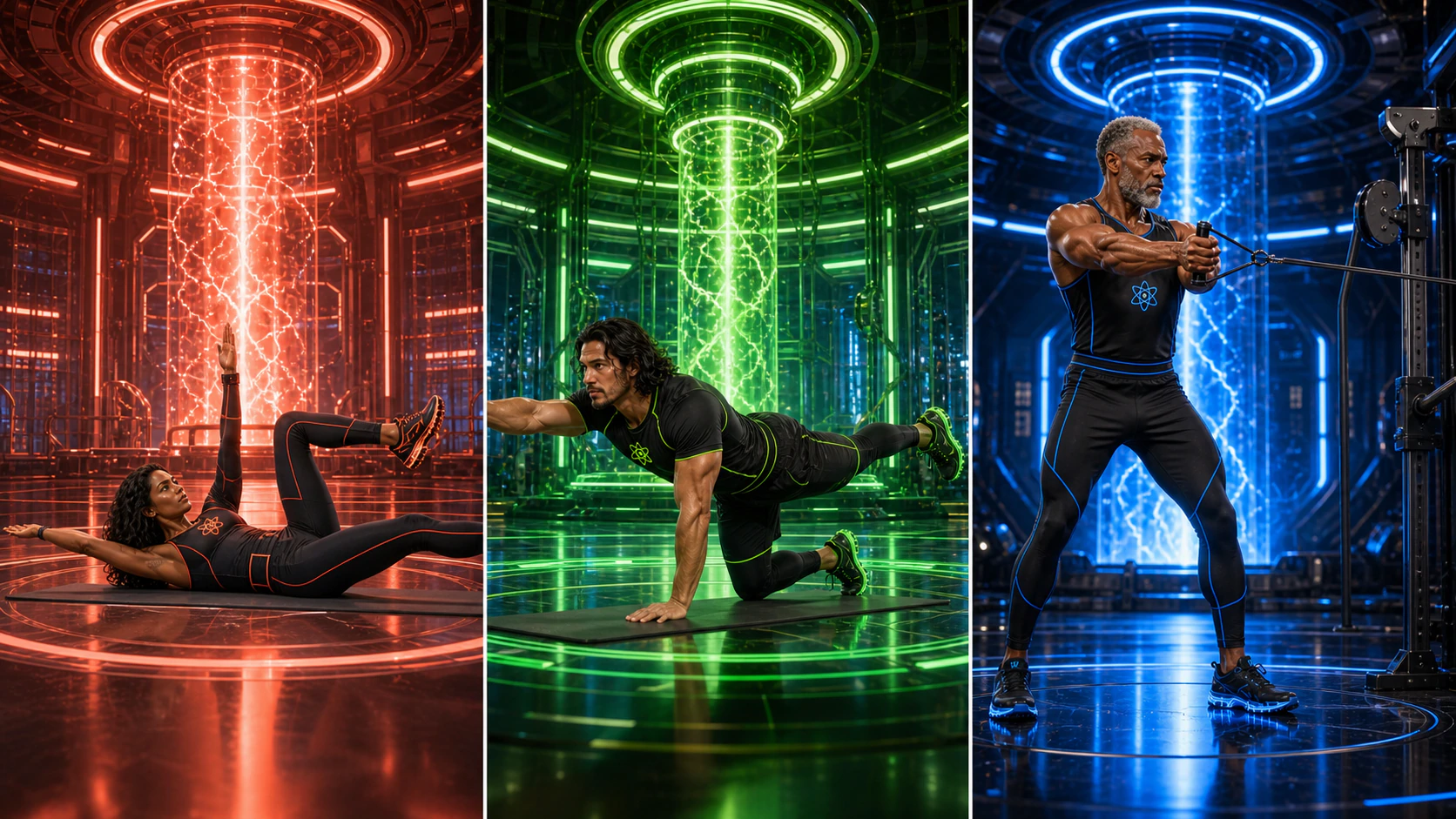 Three unique AtomicBod superheroes demonstrating a dead bug, bird dog, and Pallof press