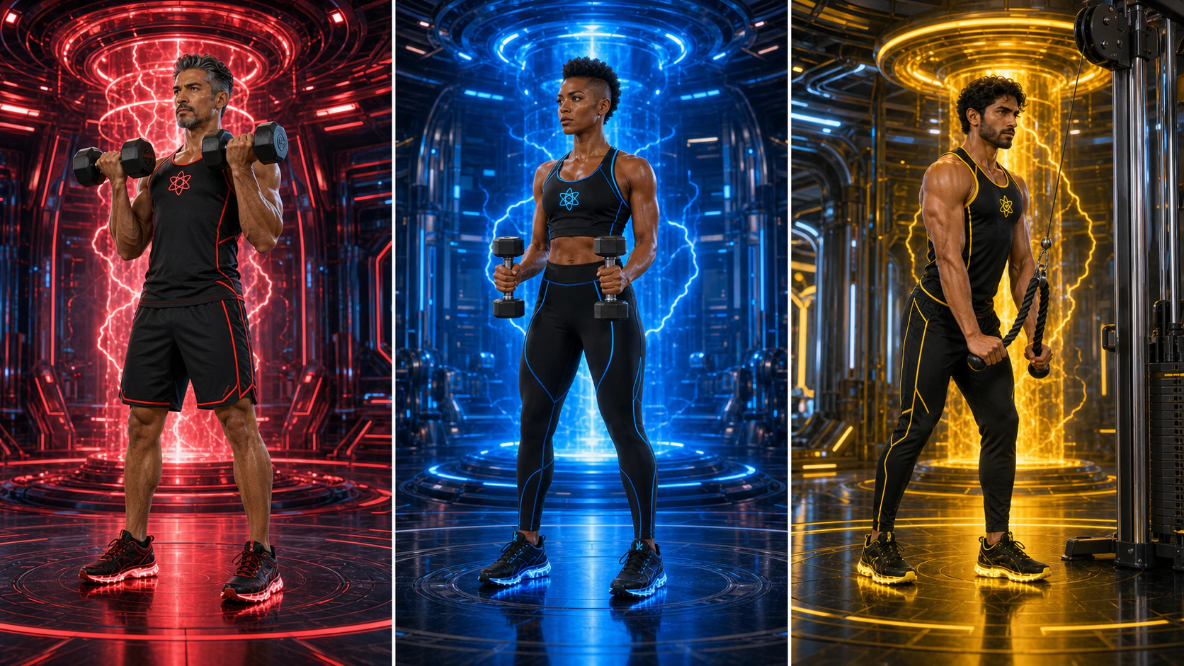 Three unique AtomicBod superheroes demonstrating a dumbbell biceps curl, hammer curl, and rope triceps pressdown