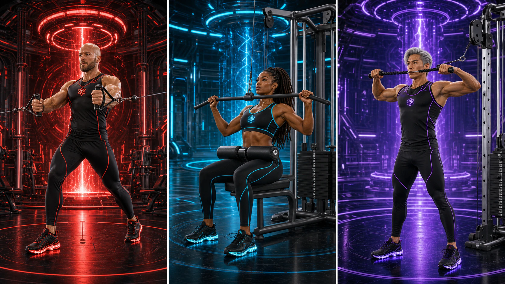 Three unique AtomicBod superheroes demonstrating a cable chest press, seated lat pulldown, and rope face pull