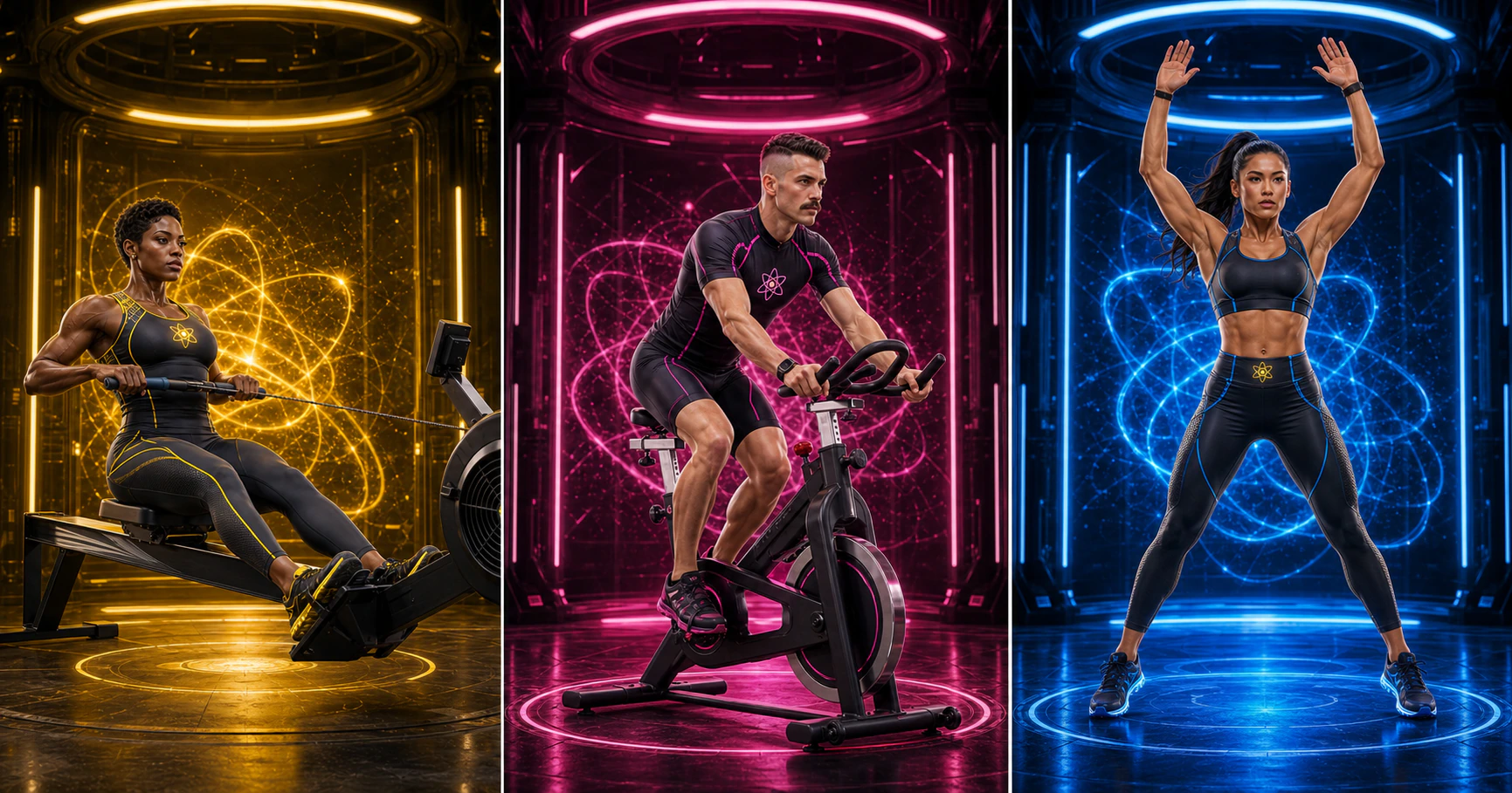 Three unique AtomicBod superheroes demonstrating rowing, stationary cycling, and jumping jacks
