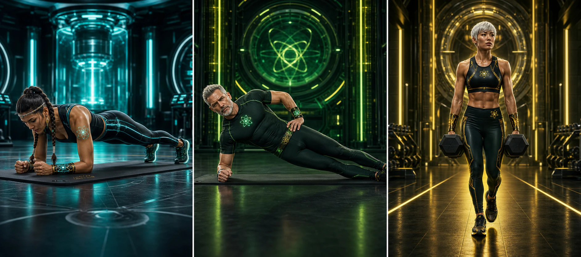Three unique AtomicBod superheroes demonstrating a forearm plank, side plank, and farmer carry
