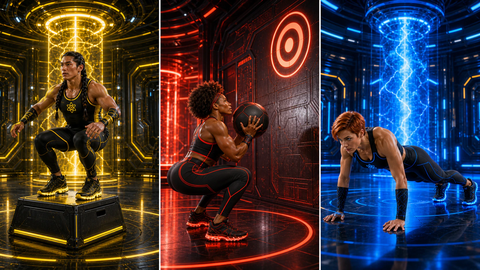 Three unique AtomicBod superheroes demonstrating a box jump, medicine-ball wall target throw, and burpee
