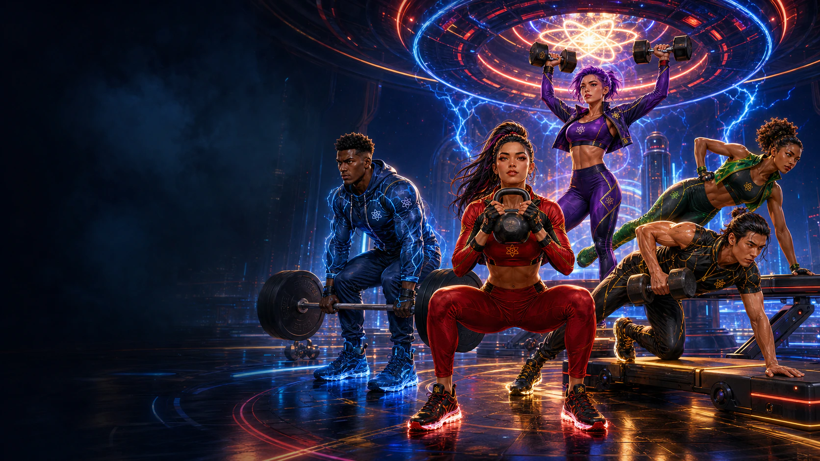 Five AtomicBod superheroes demonstrating a kettlebell squat, deadlift, overhead press, side plank, and dumbbell row
