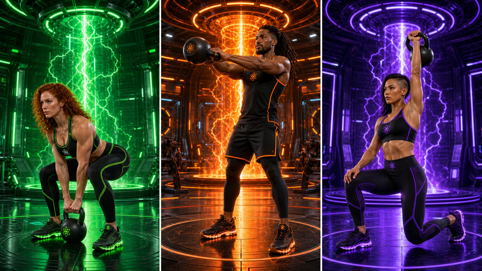 Three unique AtomicBod superheroes demonstrating a kettlebell deadlift, two-hand swing, and half-kneeling kettlebell press