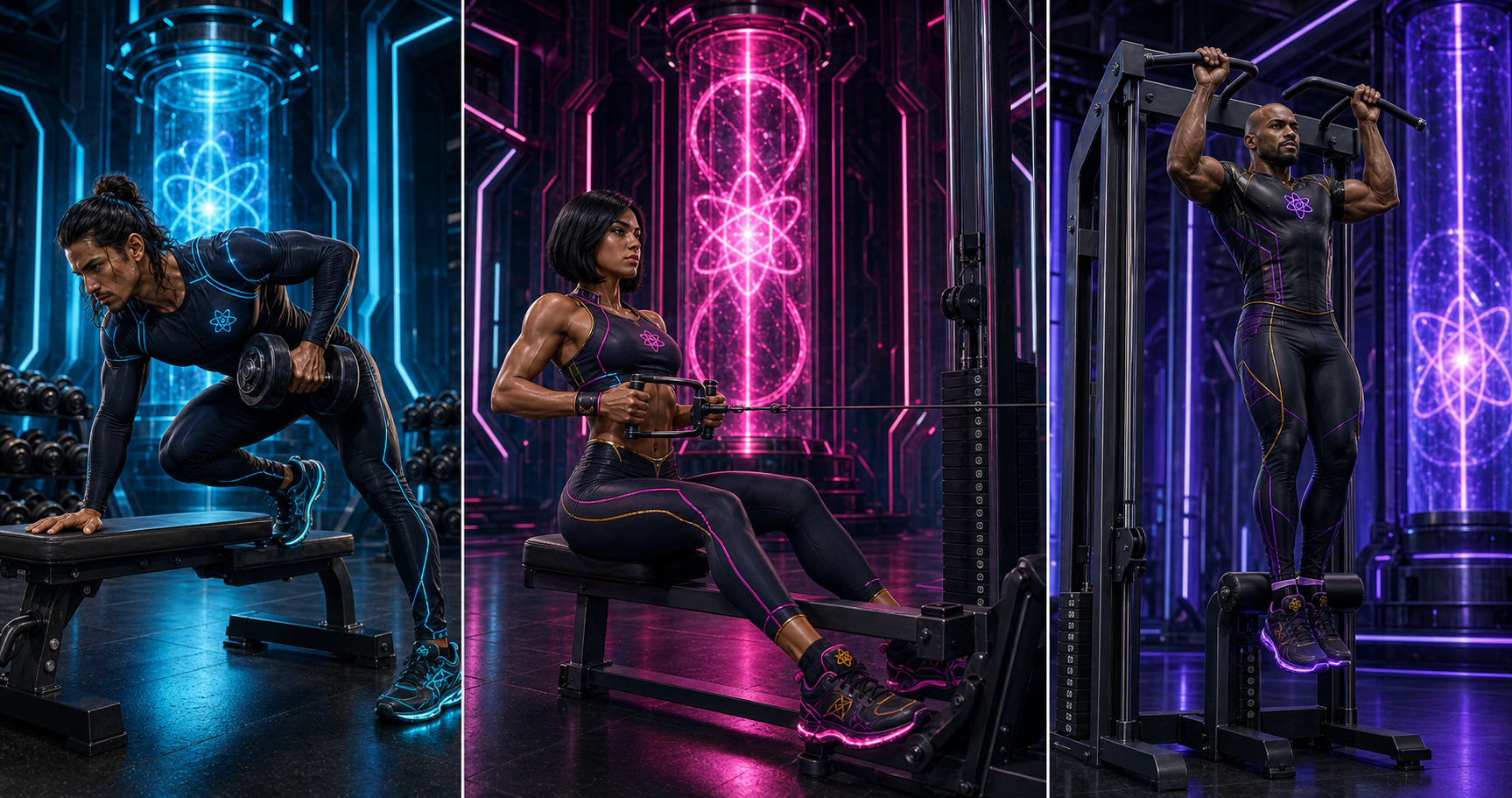 Three unique AtomicBod superheroes demonstrating a one-arm row, seated cable row, and assisted pull-up