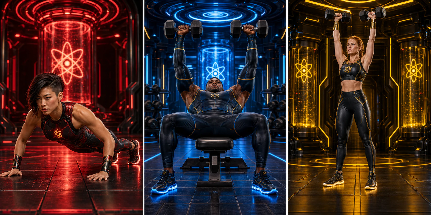 Three unique AtomicBod superheroes demonstrating a push-up, dumbbell bench press, and overhead press