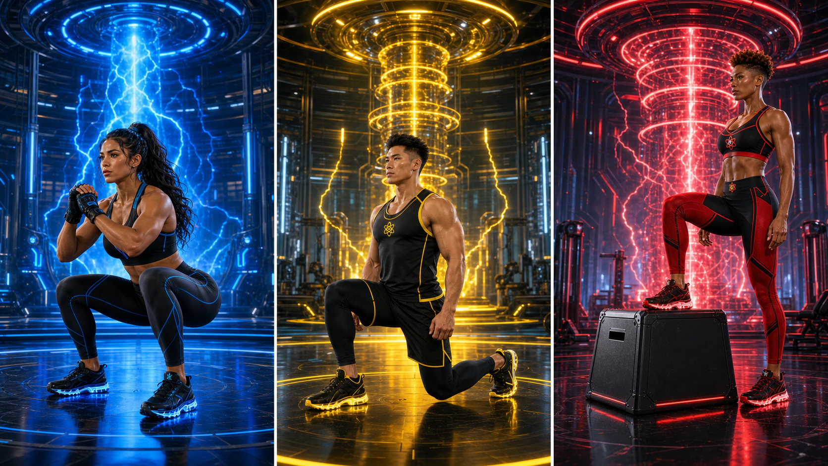 Three unique AtomicBod superheroes demonstrating a squat, reverse lunge, and step-up