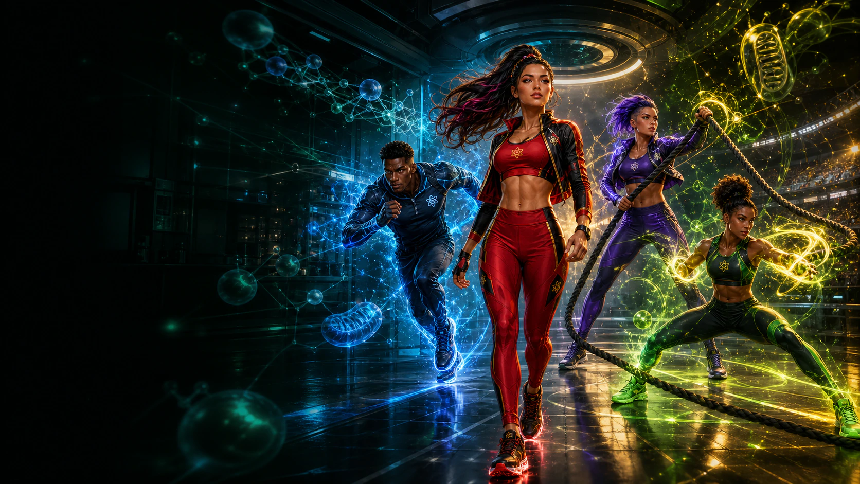 AtomicBod superheroes in a futuristic nutrition and performance laboratory