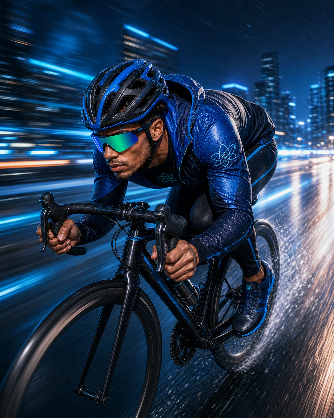 AtomicBod superhero cycling in futuristic blue performance sunglasses