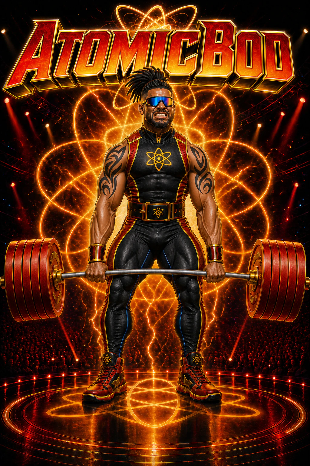 AtomicBod strength superhero with restrained black tribal upper-arm tattoos, modern dreadlocks, sports shades, and a heavy lifting belt pulling a massive barbell