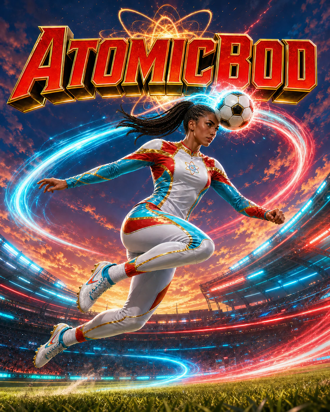 Aurora Header AtomicBod soccer superhero with a braided ponytail heading the ball