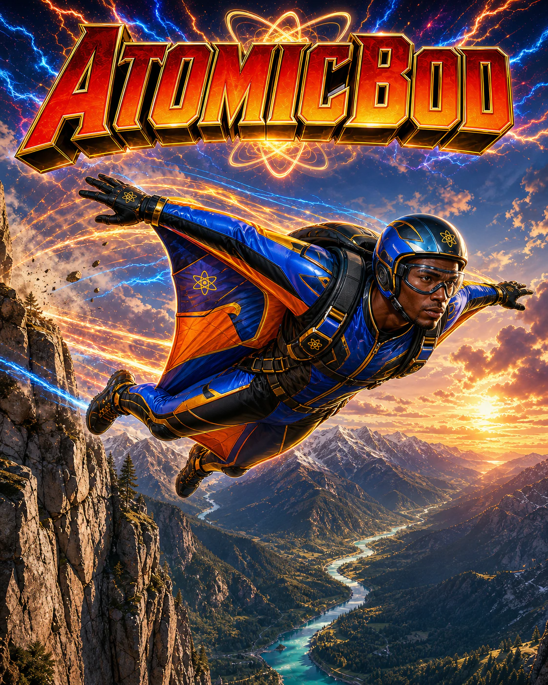 Black male AtomicBod superhero in a cobalt, orange, yellow, and black wingsuit flying clear of a rocky mountain cliff