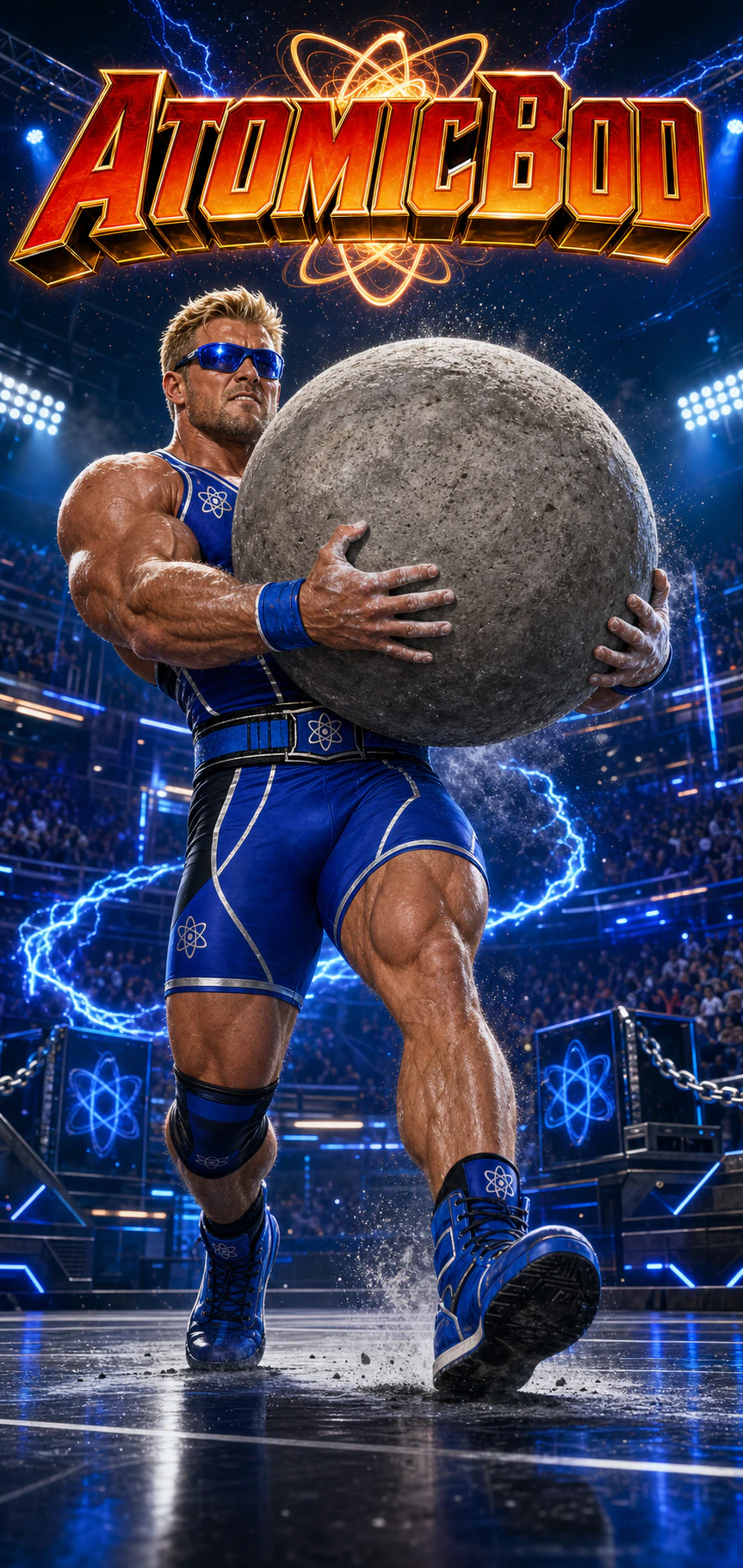 Blonde Caucasian AtomicBod strongman in cobalt competition gear carrying a massive round concrete Atlas stone