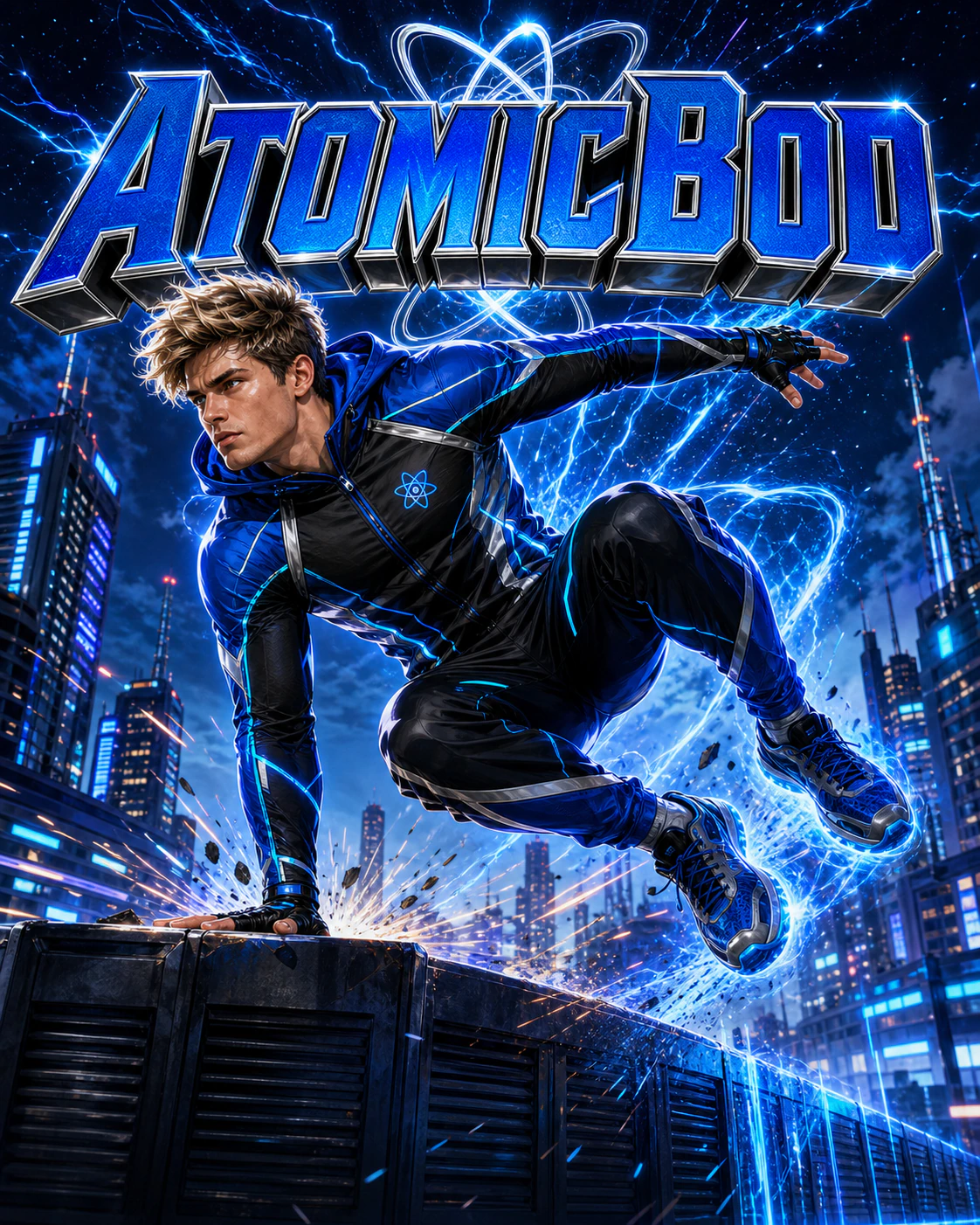 Cobalt Flight AtomicBod superhero vaulting across a futuristic rooftop