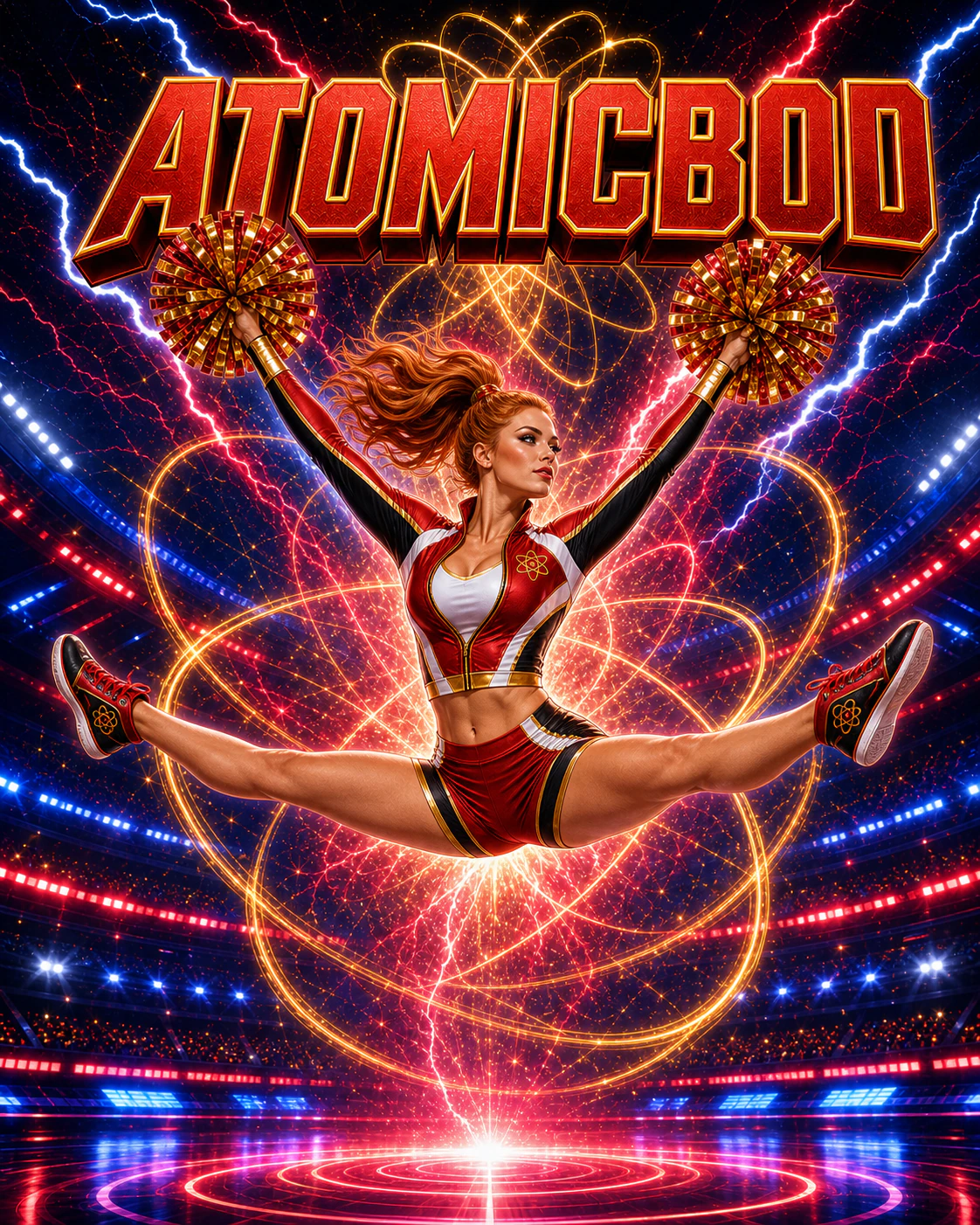 Caucasian AtomicBod cheer superhero with copper-red hair performing an airborne toe-touch with red-and-gold pom-poms