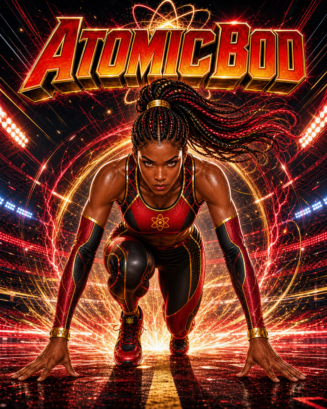 Crimson Surge AtomicBod superhero sprinting from the starting line