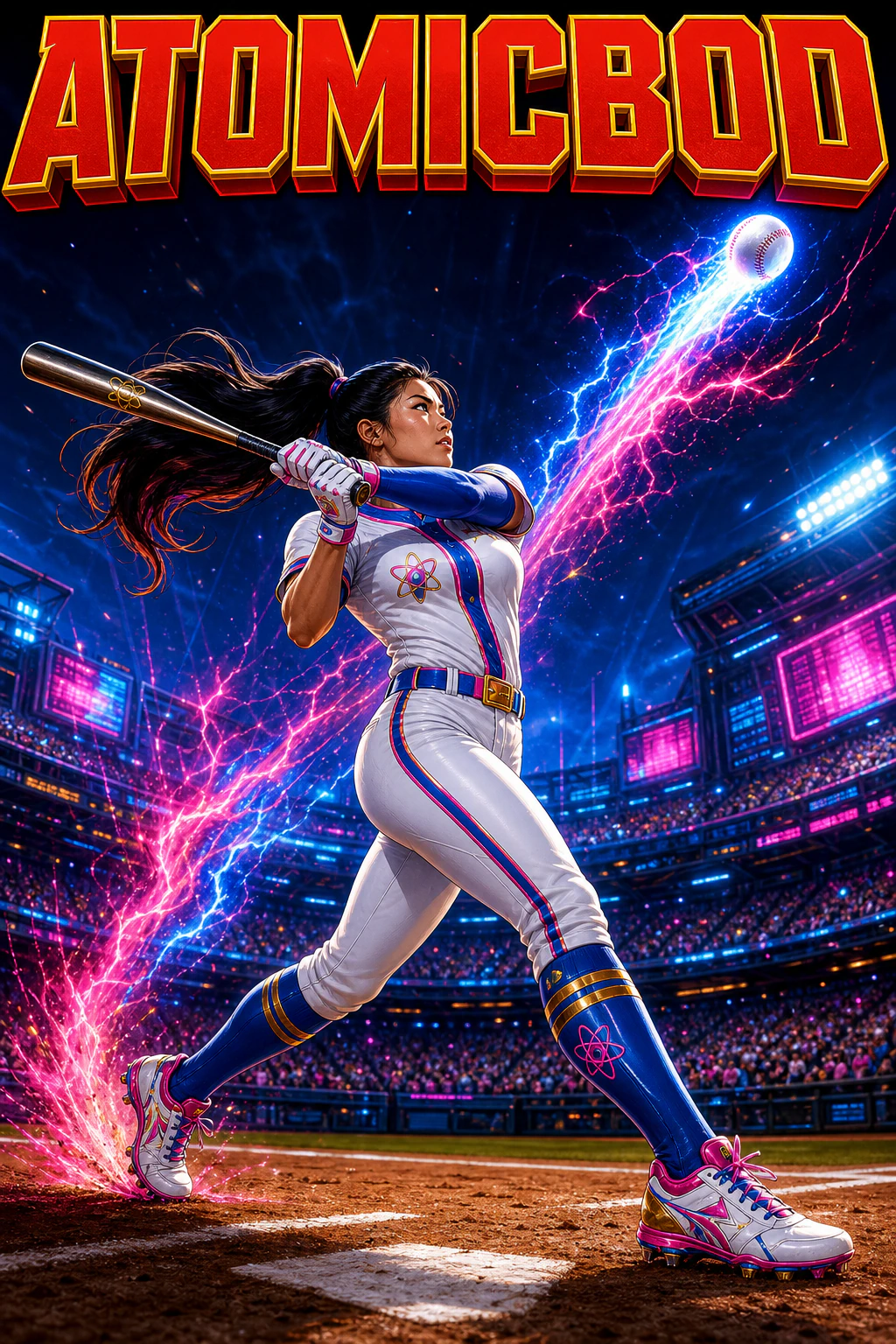 Diamond Voltage AtomicBod baseball superhero completing a home-run swing