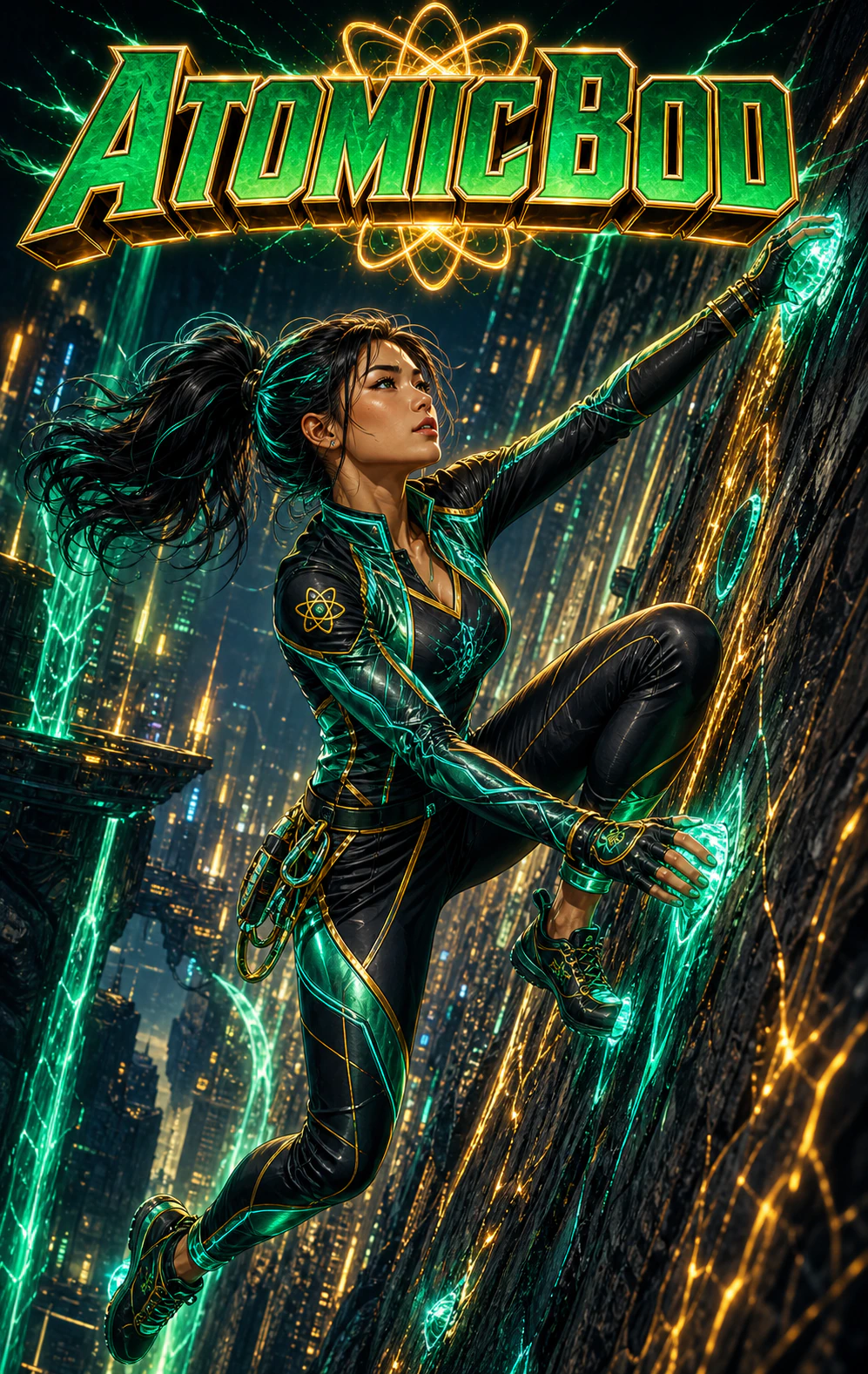 Emerald Ascent AtomicBod superhero climbing a futuristic wall