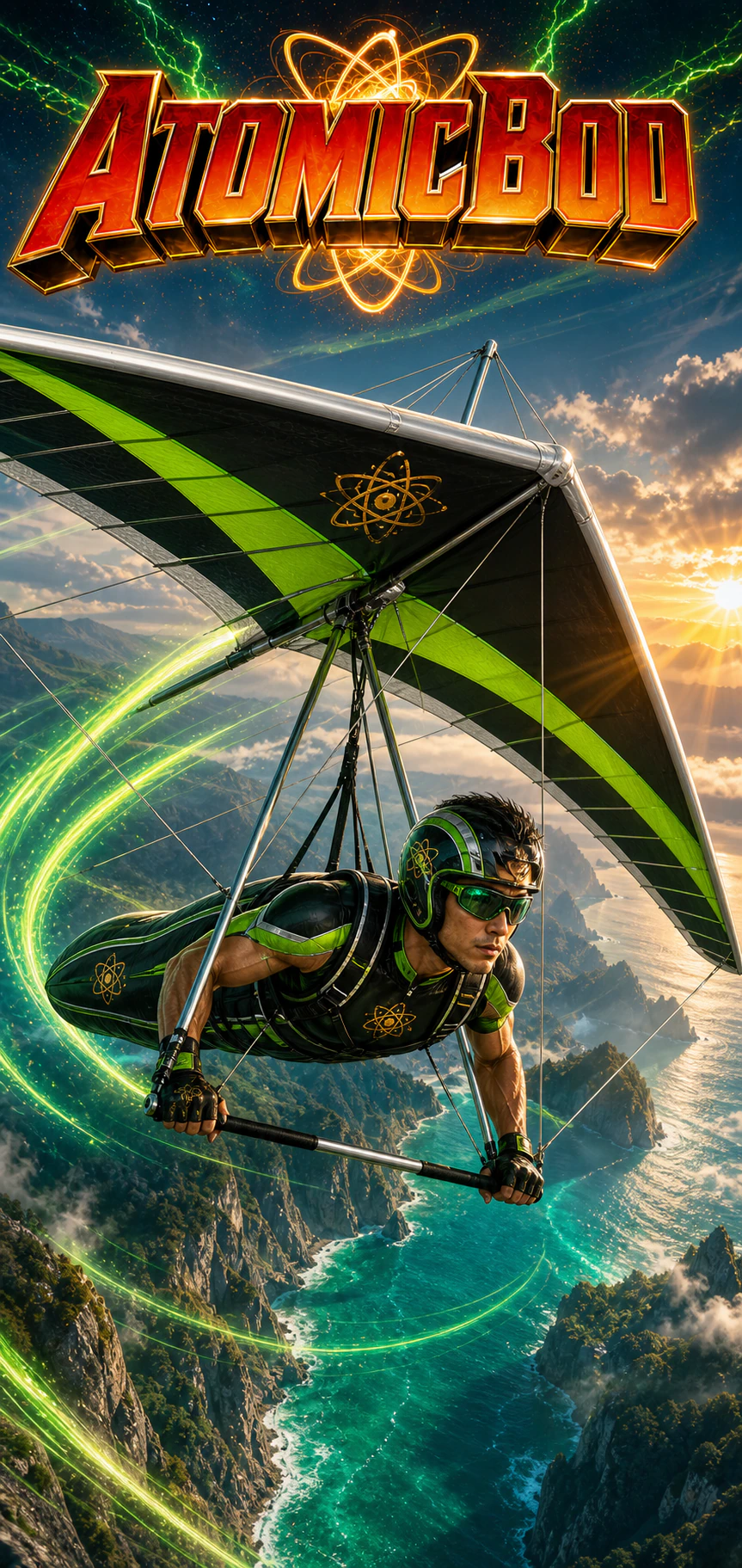 East Asian AtomicBod superhero hang-glider pilot flying beneath an emerald and neon-lime delta wing