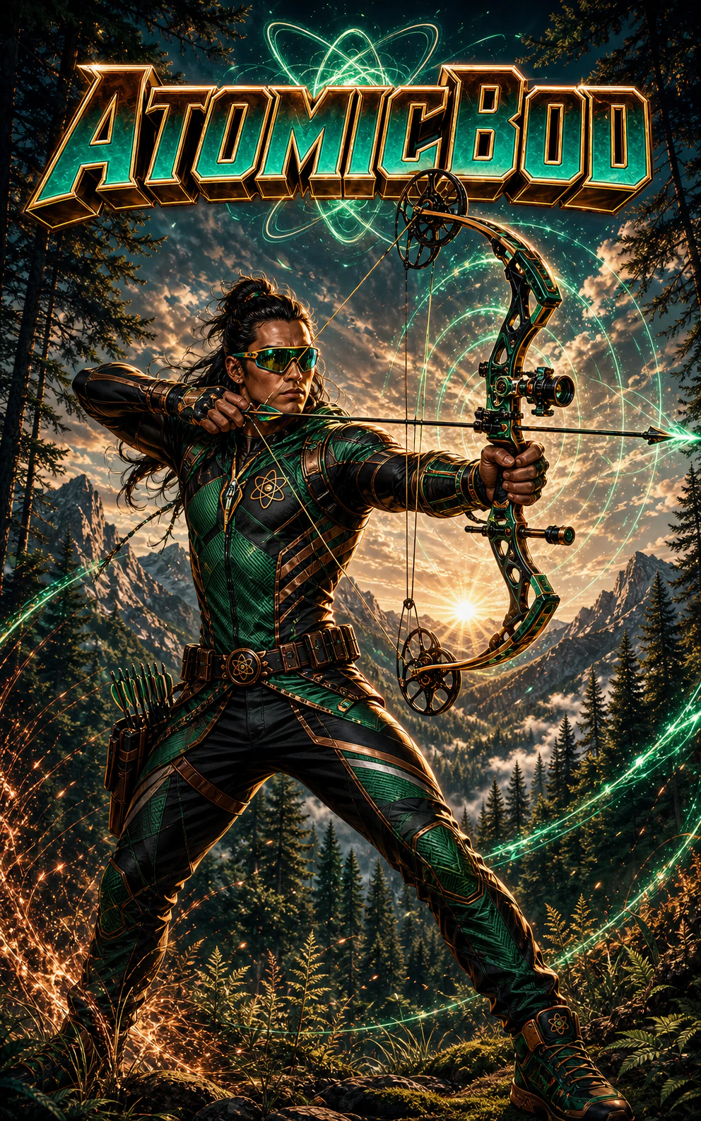 Female Forest Vector AtomicBod superhero hunter at full draw with a futuristic compound bow