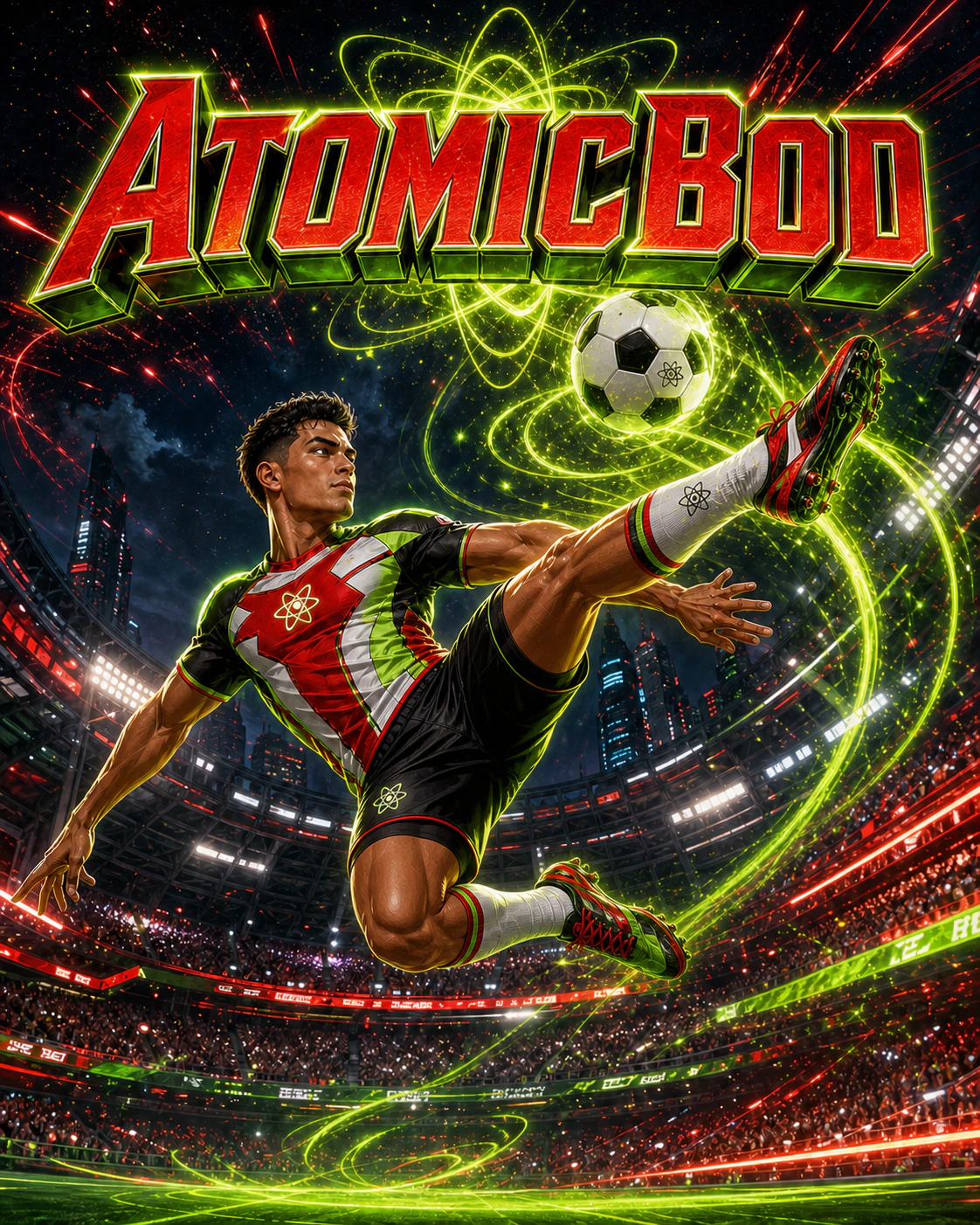 Gamma Kick AtomicBod superhero executing an anatomically correct airborne soccer kick