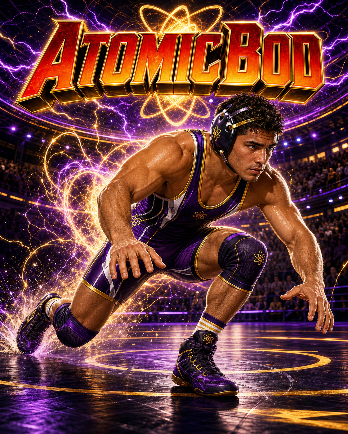 Latino AtomicBod superhero wrestler driving forward in an ultraviolet, black, white, and gold singlet