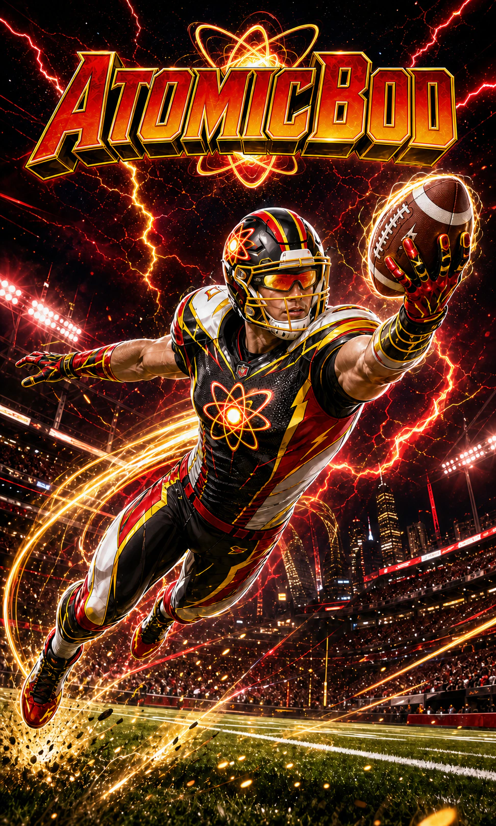 Gridiron Nova AtomicBod football superhero wearing protective safety goggles and making a diving catch