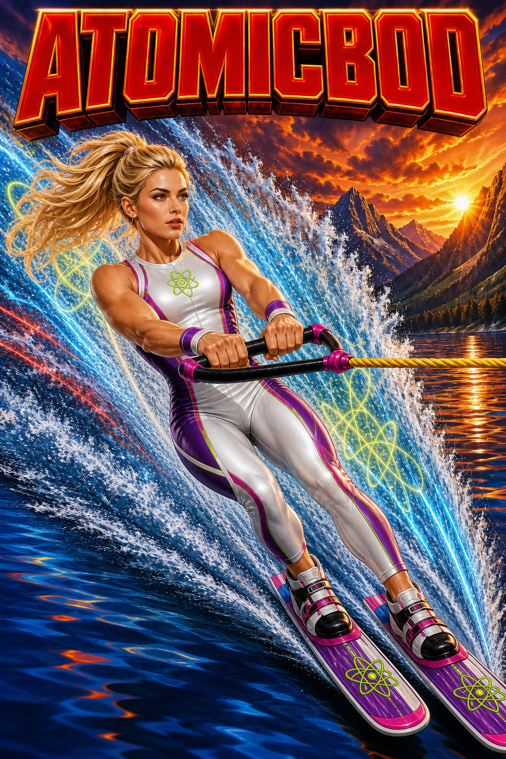 Young adult blonde Hydro Force AtomicBod superhero racing across a mountain lake in a pearl-white, ultraviolet, magenta, and neon-lime outfit