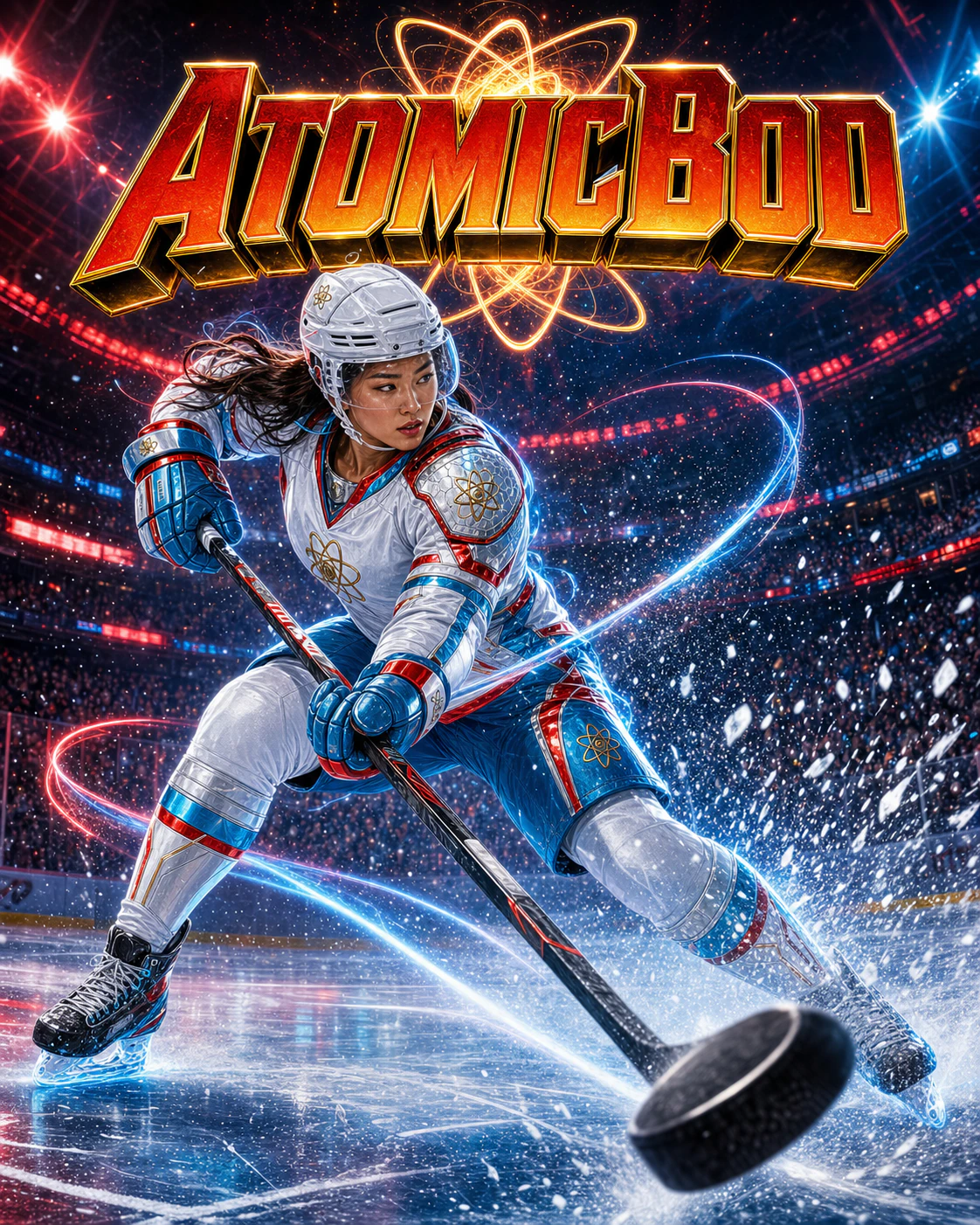 East Asian AtomicBod superhero hockey player firing a slap shot in an ice-white, cyan, red, and silver uniform