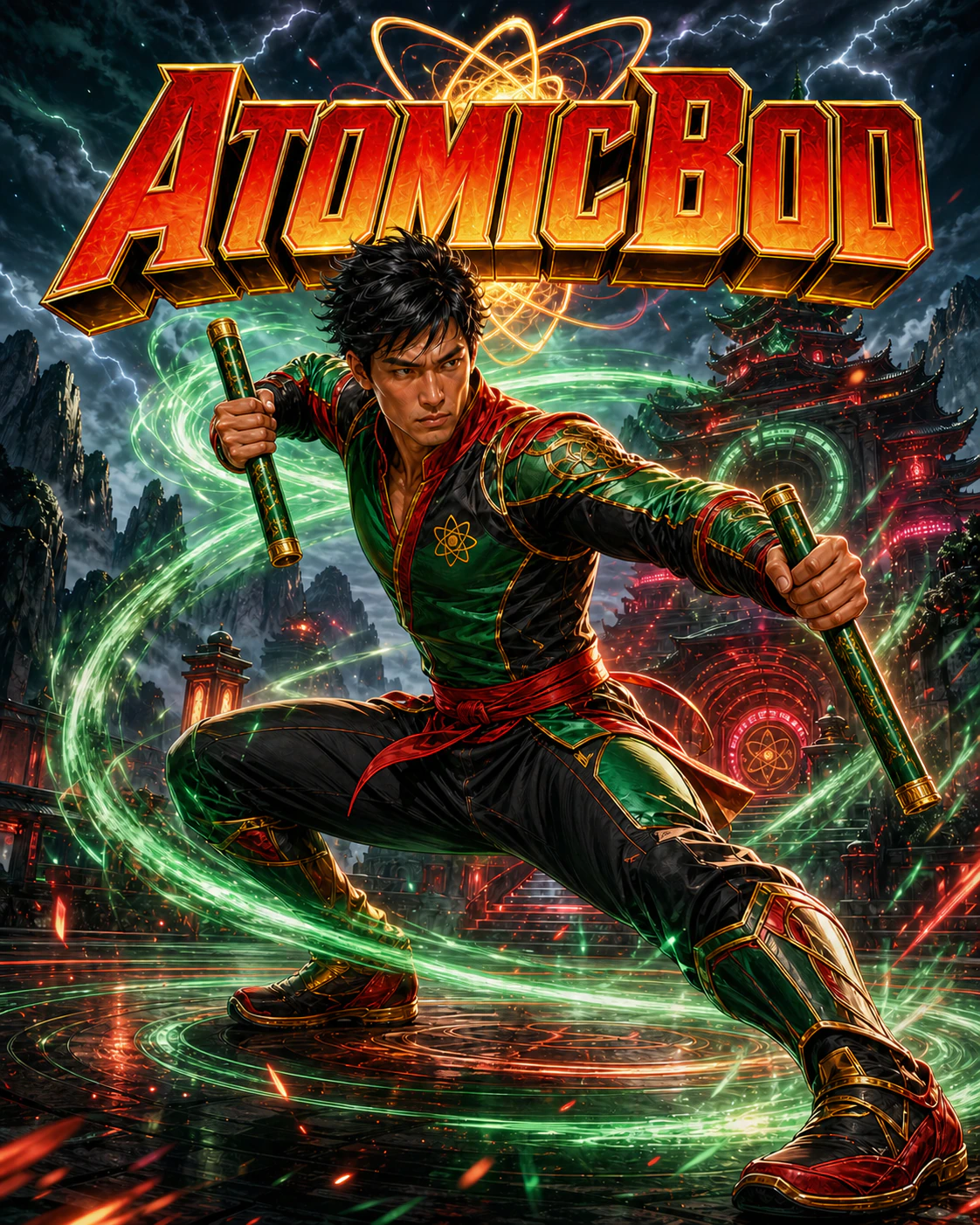 Jade Vortex AtomicBod superhero performing a martial-arts form with two escrima sticks
