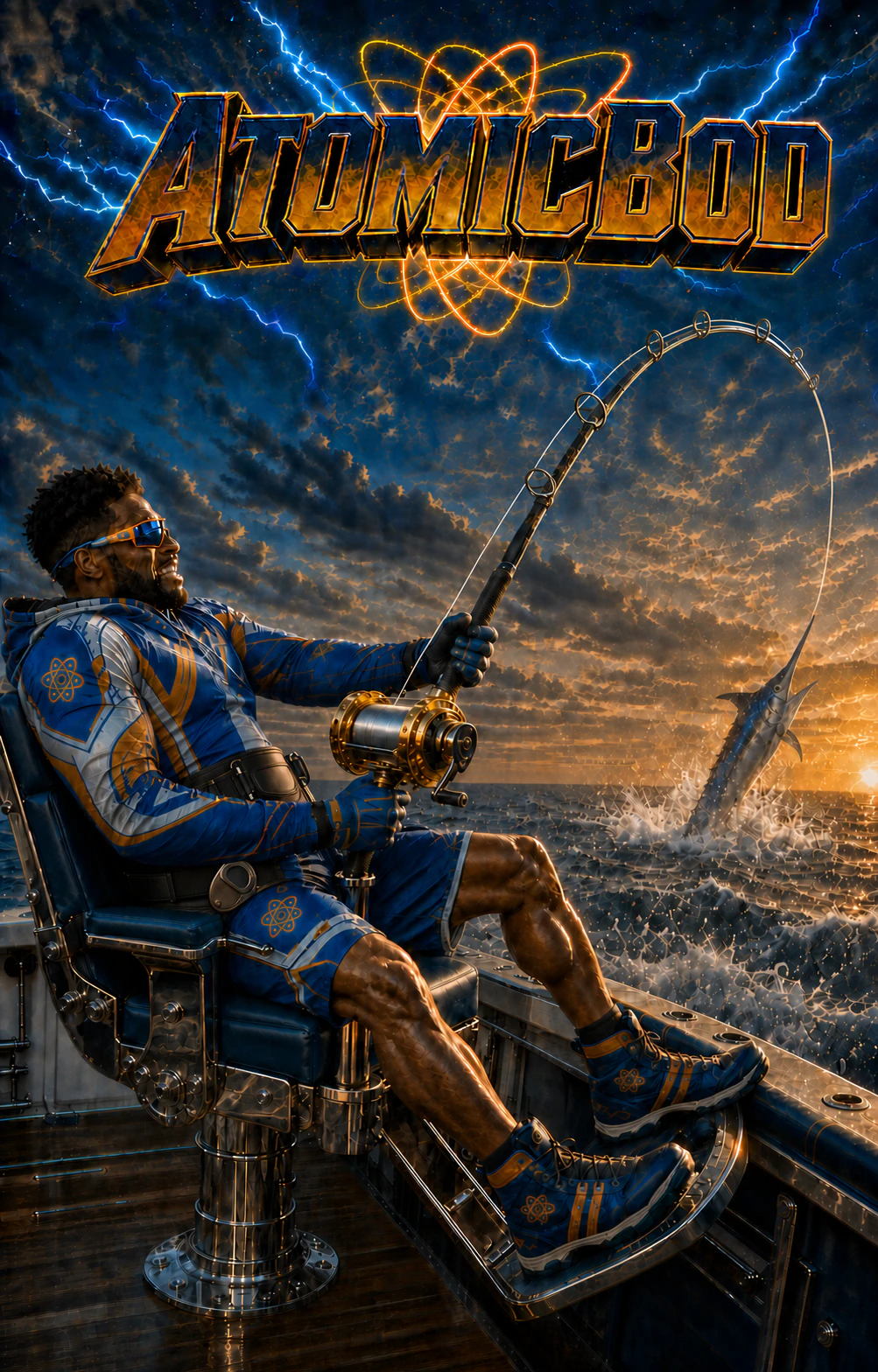 Marlin Reactor AtomicBod superhero fighting a breaching billfish from a fighting chair with a compact waist belt, a complete sequence of rod guides, and the line routed outside his hand