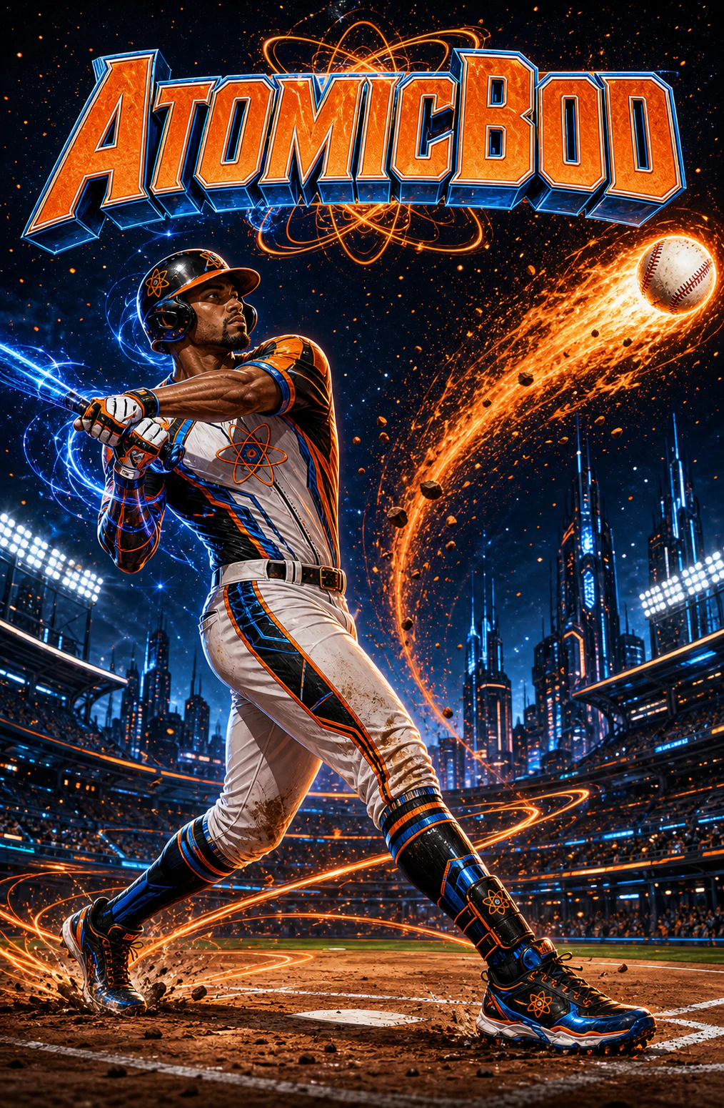 Meteor Slugger AtomicBod baseball superhero completing a home-run swing