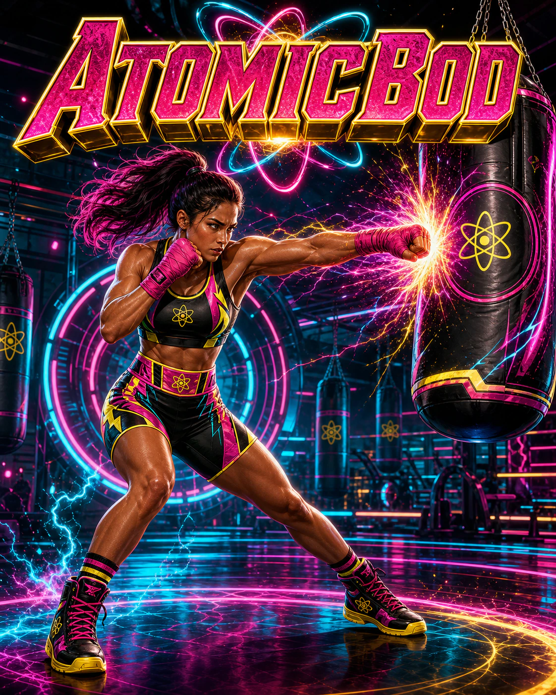 Neon Strike AtomicBod superhero striking a training bag