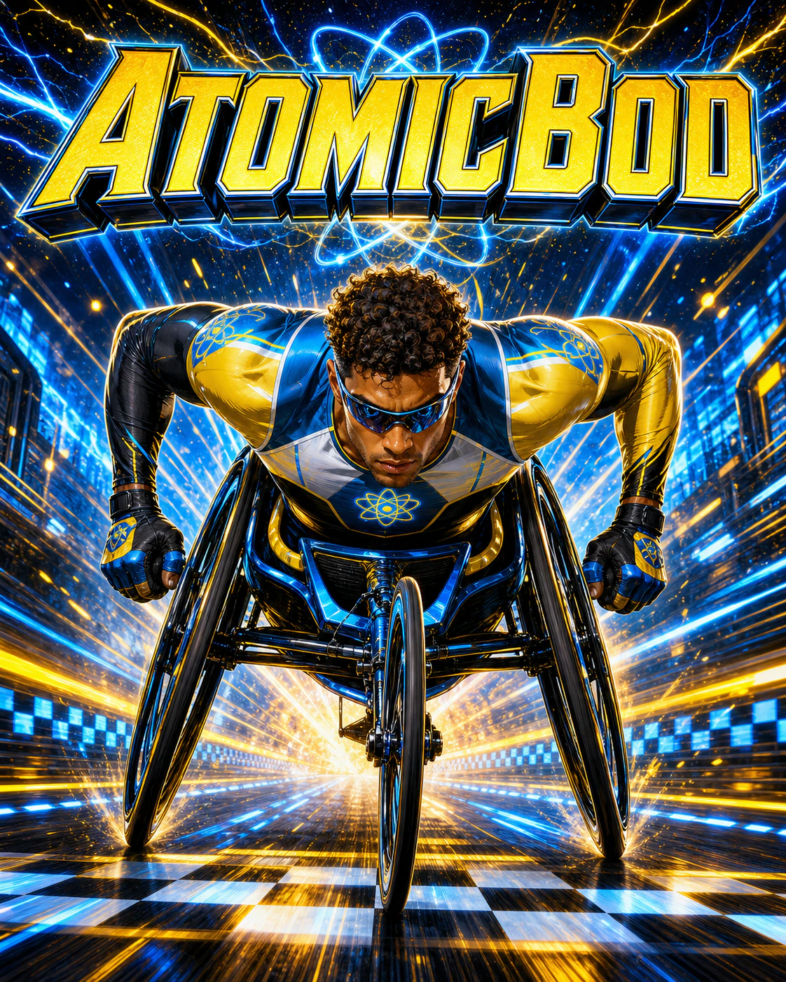 Quantum Rush AtomicBod superhero racing in a competition wheelchair