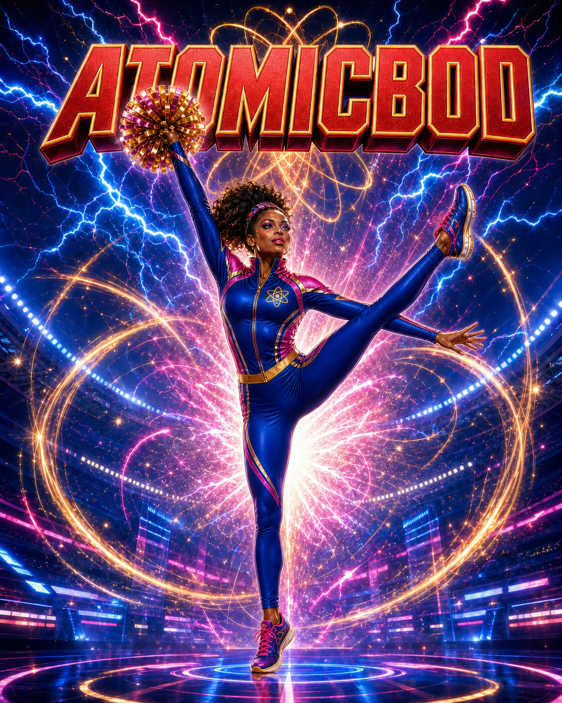 Radiant Rally AtomicBod superhero cheer athlete balancing in a controlled high-kick pose with her free hand separated from her raised leg