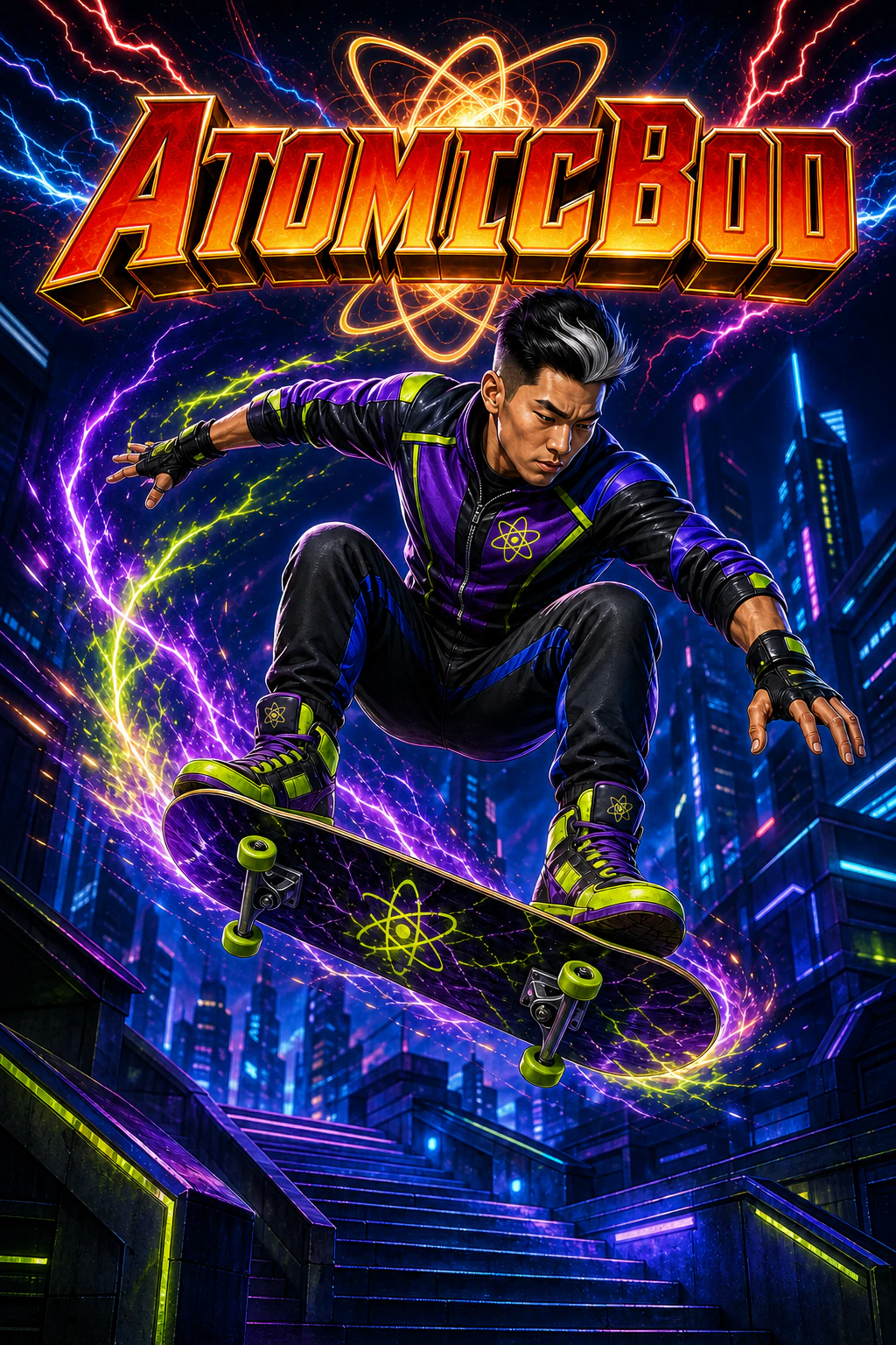 Railstorm AtomicBod skateboard superhero performing a high ollie over a neon stair gap
