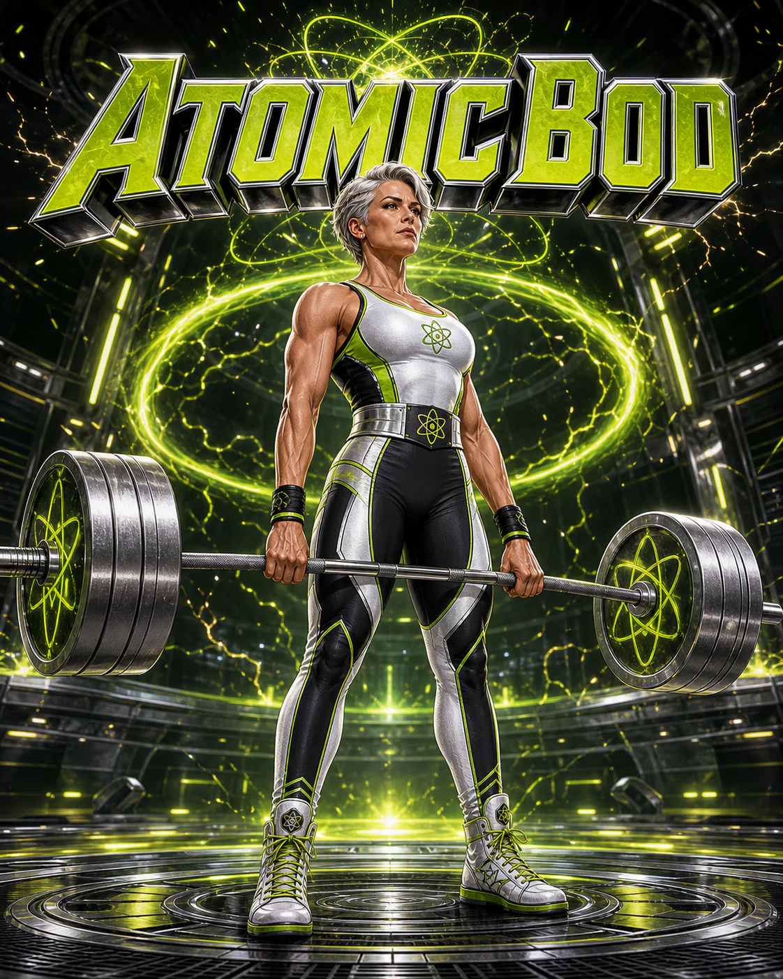 Silver Resolve AtomicBod superhero completing a barbell deadlift