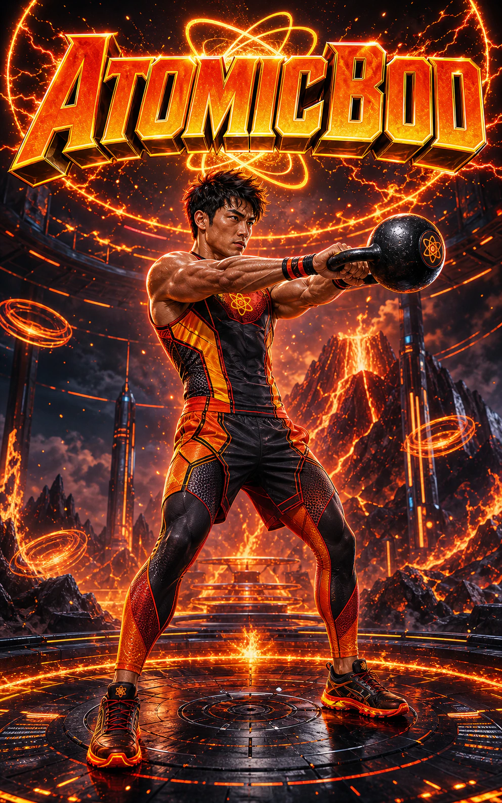 Solar Forge AtomicBod superhero performing a kettlebell swing