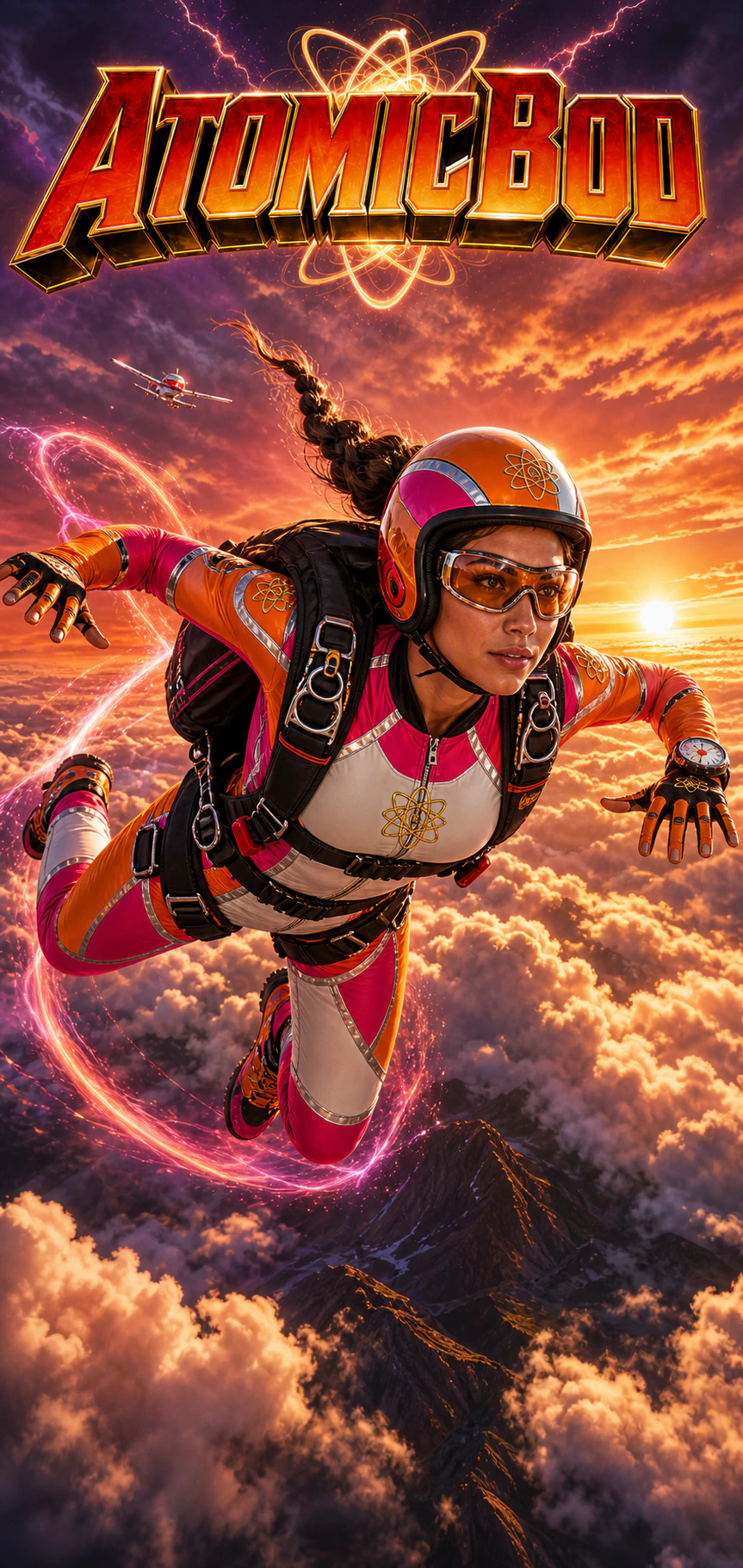 Latina AtomicBod superhero skydiver in an orange, fuchsia, white, and black flight suit above glowing clouds