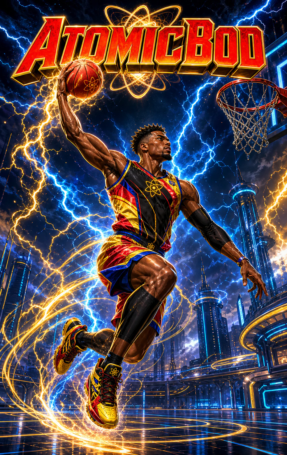 Thunder Elevation AtomicBod superhero rising for a basketball dunk