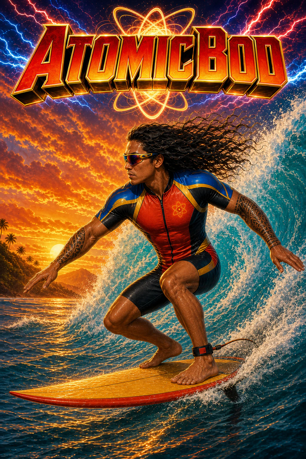 Native Hawaiian male Tidal Radiance AtomicBod surfing superhero traveling left on a correctly oriented board with black geometric arm tattoos and one submerged tail fin