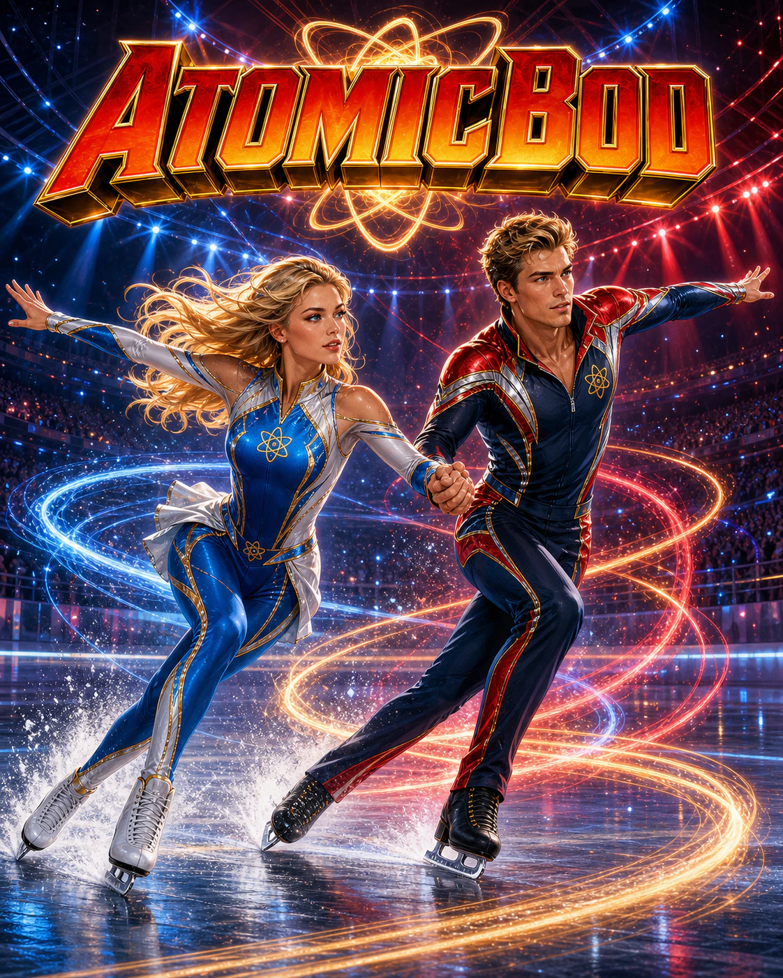 Blonde blue-eyed female and blondish-brown-haired golden-brown-eyed male AtomicBod superheroes ice skating together