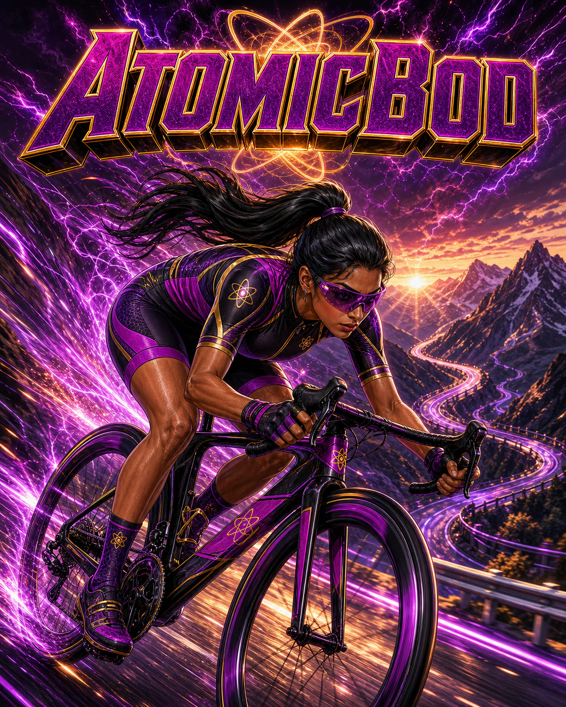 Violet Velocity AtomicBod superhero racing a road bicycle
