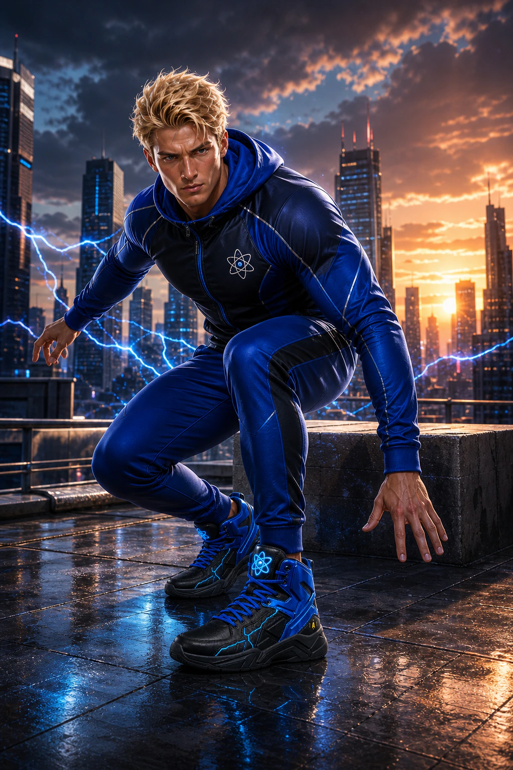 AtomicBod hero landing in black, cobalt, and cyan Apex High sneakers